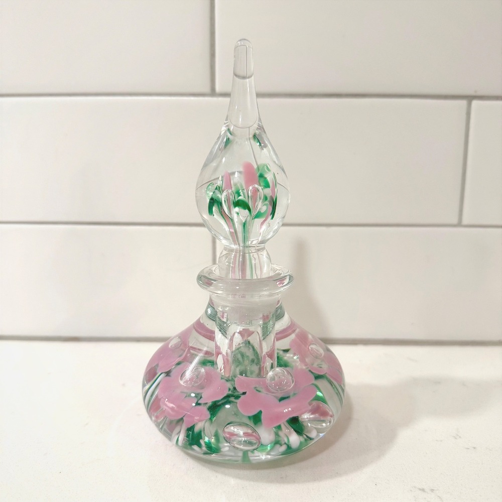 Gibson Glass Pink Floral Art Glass Perfume Bottle with Stopper Signed 1990's